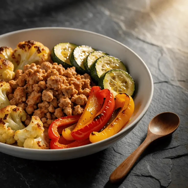 Angled view of a turkey and roasted veggie bowl with
ground turkey, caramelized zucchini, colorful bell peppers, and
golden cauliflower in a white ceramic bowl.