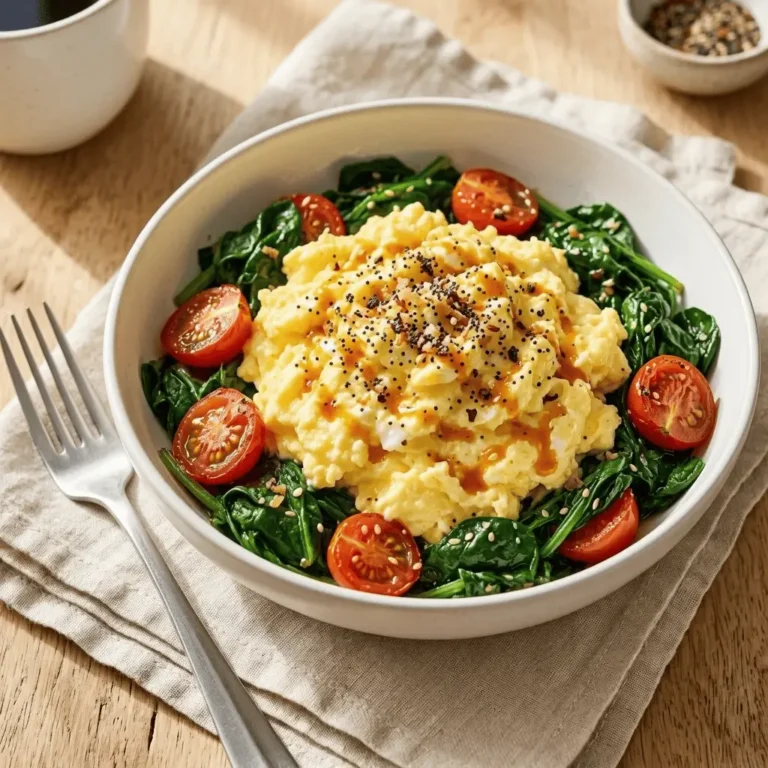 A bowl of fluffy scrambled eggs over sautéed spinach
with cherry tomatoes and everything bagel seasoning in a white
ceramic bowl on a linen napkin.