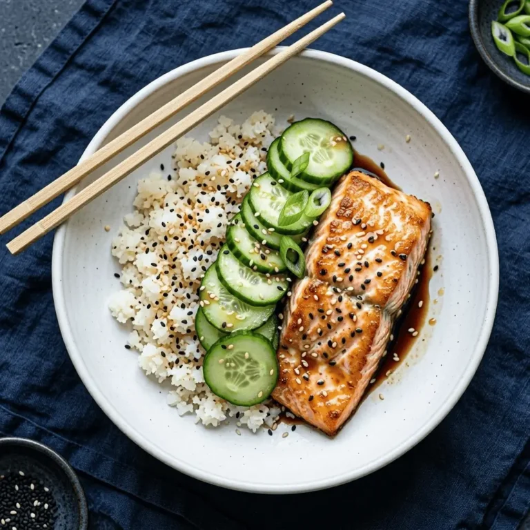 Overhead flat lay of a salmon and cucumber rice bowl
with cauliflower rice, seared salmon, sliced cucumber, sesame
seeds, and soy sauce in a white bowl on navy linen.