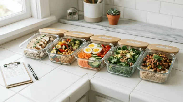 Five clear glass meal prep containers lined up on a
kitchen counter, each filled with different diabetic-friendly
lunch ingredients ready for the week.