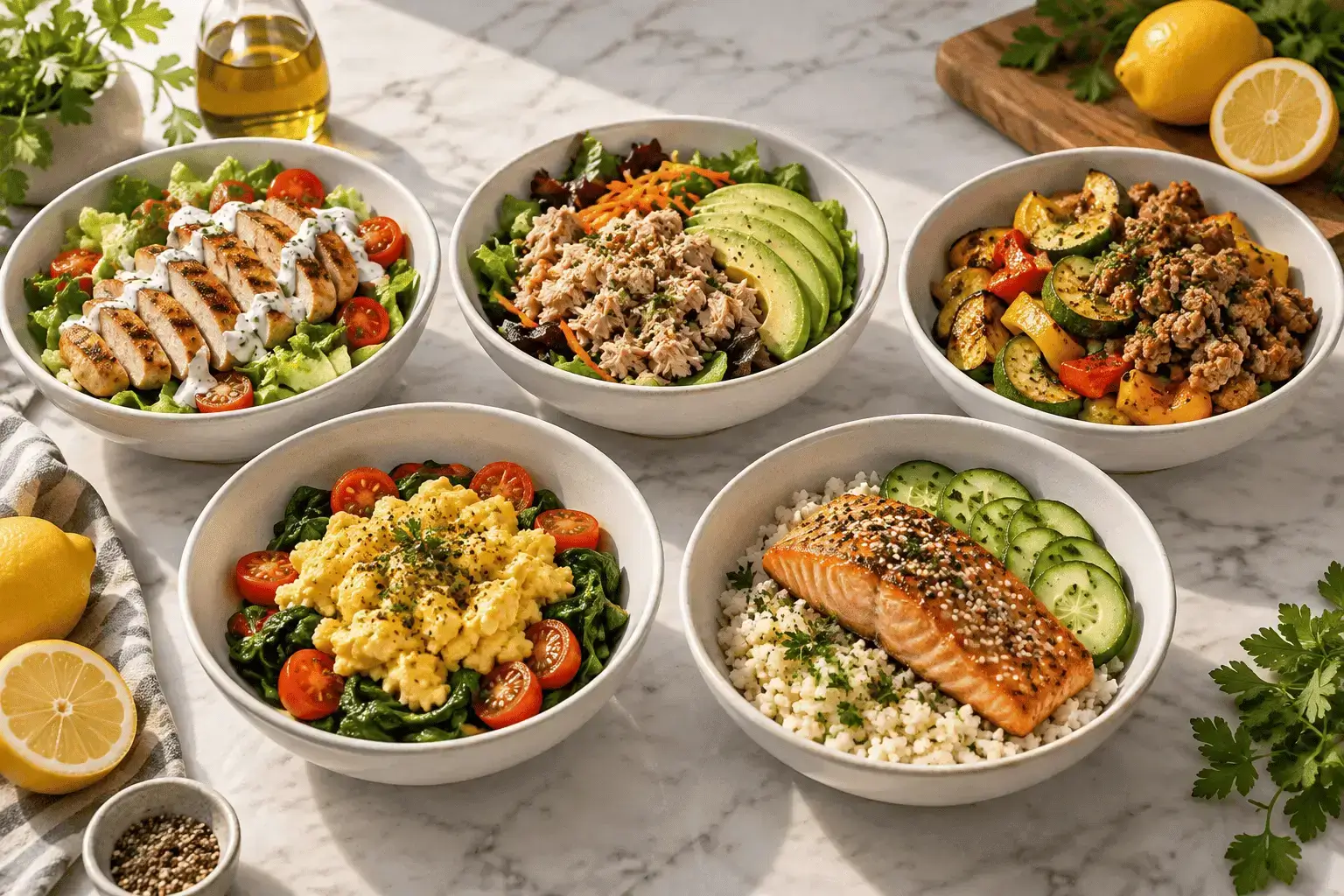 Five colorful diabetic-friendly lunch bowls arranged on
a white marble surface, each containing a different high-protein
low-carb meal.